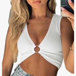 White Crop Tank Top with Cut Out Detail